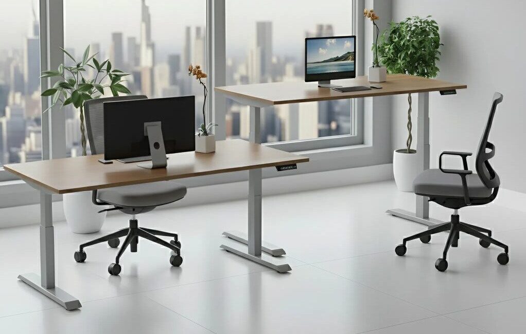 Ergonomikus irodabútor modern irodában – állítható magasságú elektromos íróasztal és kényelmes irodai szék.