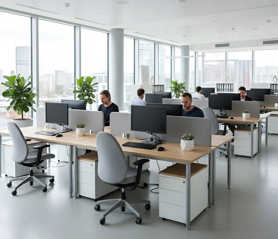 Modern fémvázas irodai asztalok világos, ergonomikus irodai környezetben