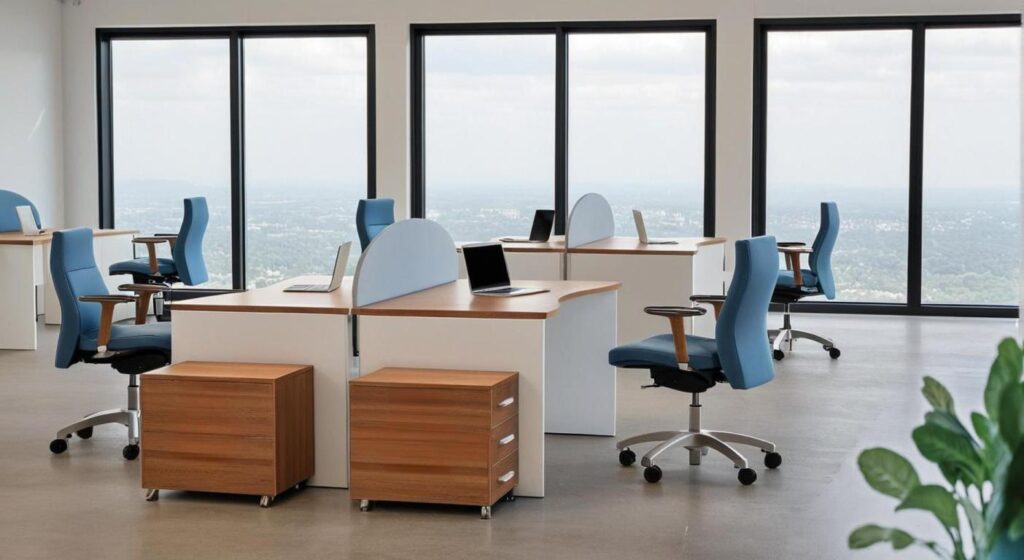 Fiókos konténer, egy panellábas íróasztal mellett