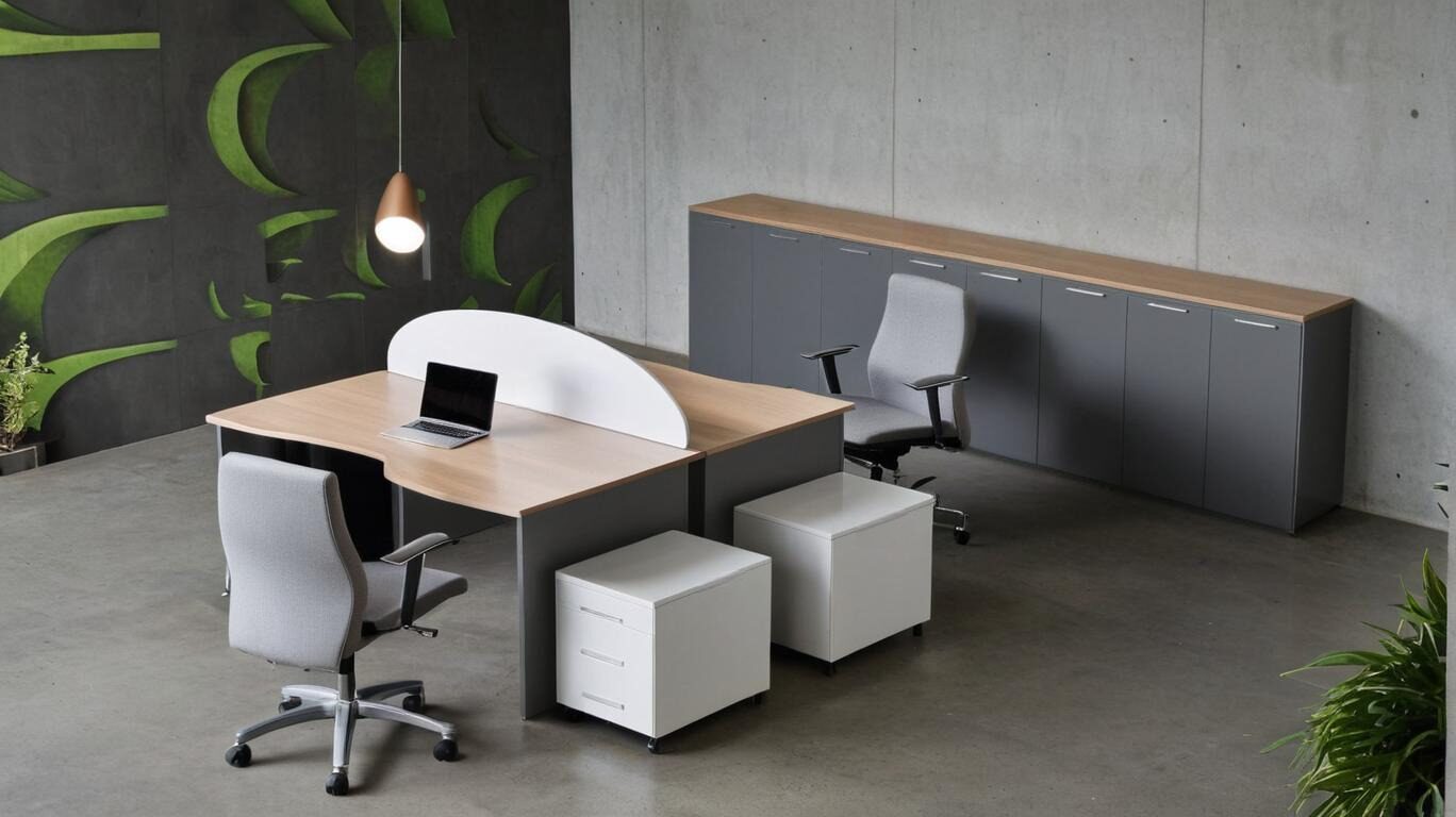 Fiókos görgős konténer panellábas íróasztallal modern irodai környezetben