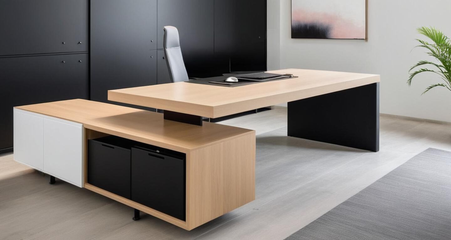 Exkluzív vezetői irodabútor világos faerezett és fekete kombinációban
