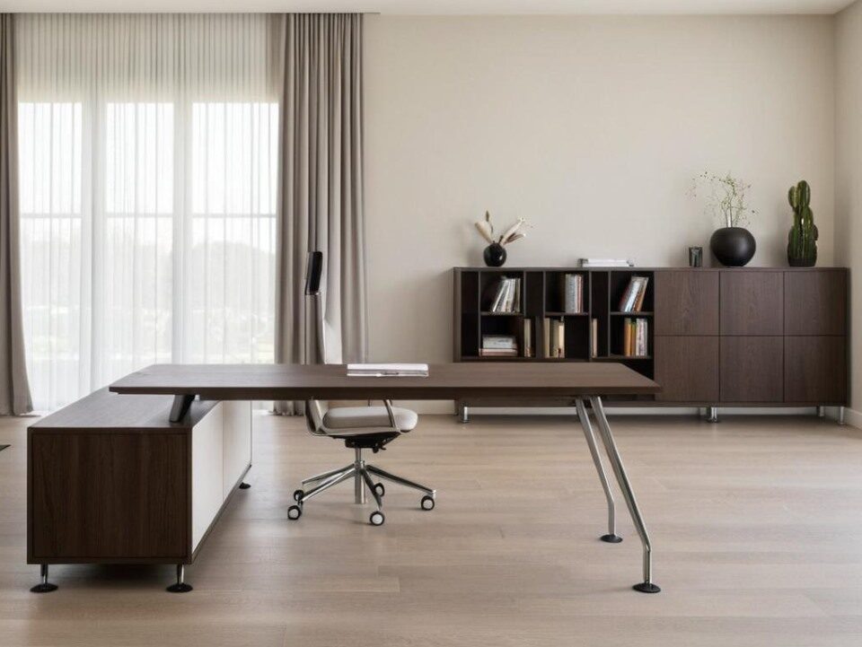 Exkluzív vezetői irodabútor választási segédlet – 7 kérdés, amelyet érdemes végiggondolni 3 Exkluzív vezetői irodabútor kétféle színnel, fémlábbal.