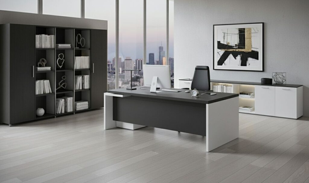 Igazgatói iroda berendezése funkcionális alapelrendezéssel