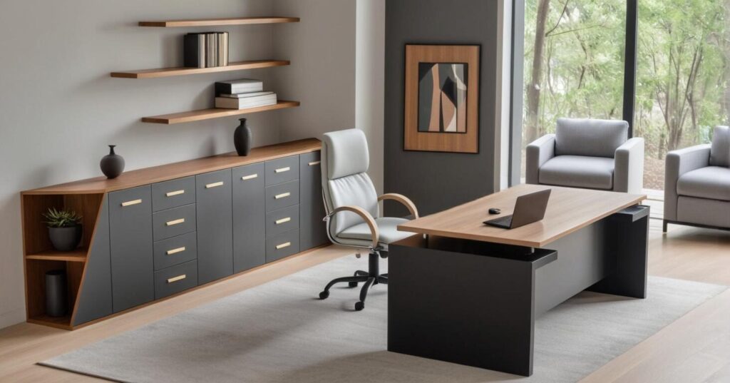 Modern vezetői irodabútor sötét antracit és fa színnel