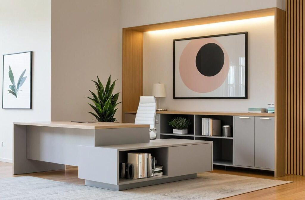 Vezetői iroda berendezés: L alakú panellábas vezetői íróasztal és mögötte alacsony szerkények és polcok