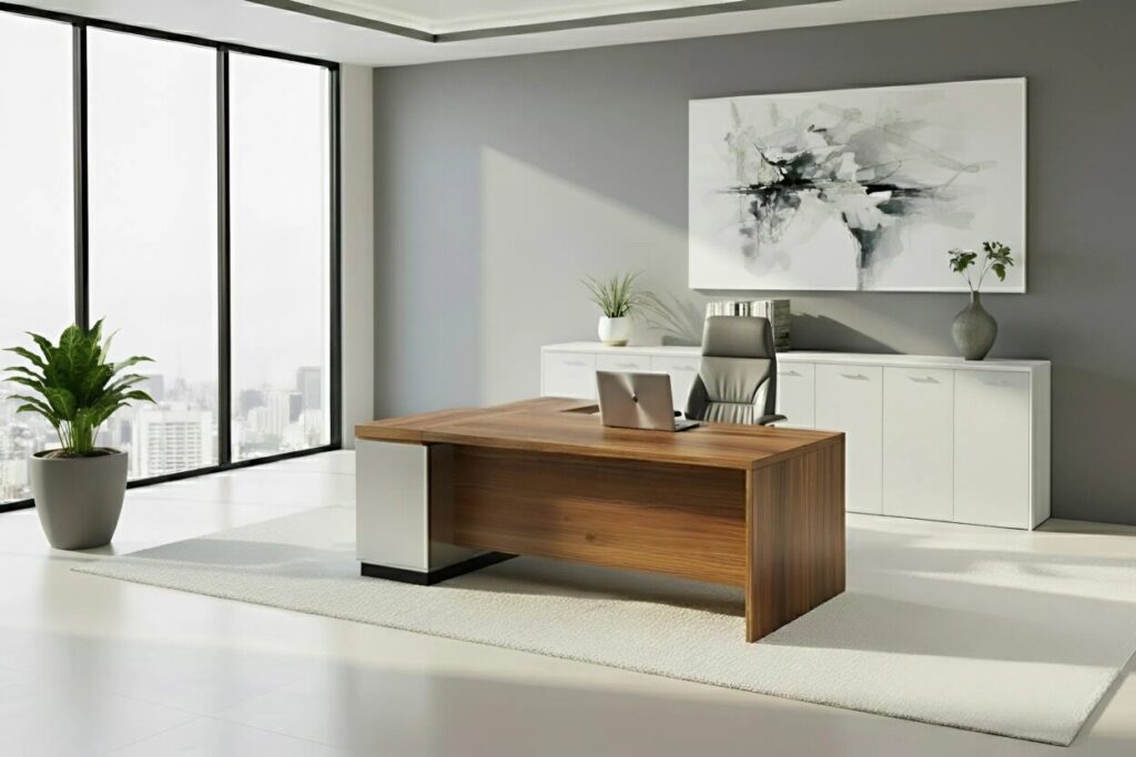 Vezetői iroda berendezése rendezett tárolórendszerekkel