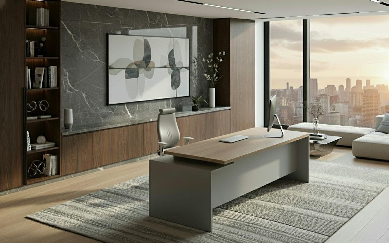 Egyenes és sarok vezetői íróasztal elhelyezése vezetői irodában, különböző munkastílusokhoz igazítva