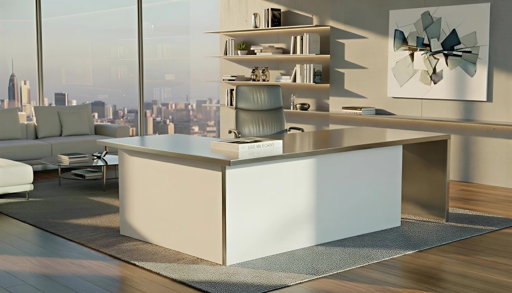 Tárgyalósarok kis vezetői irodában, kompakt egyeztetési tér modern bútorokkal