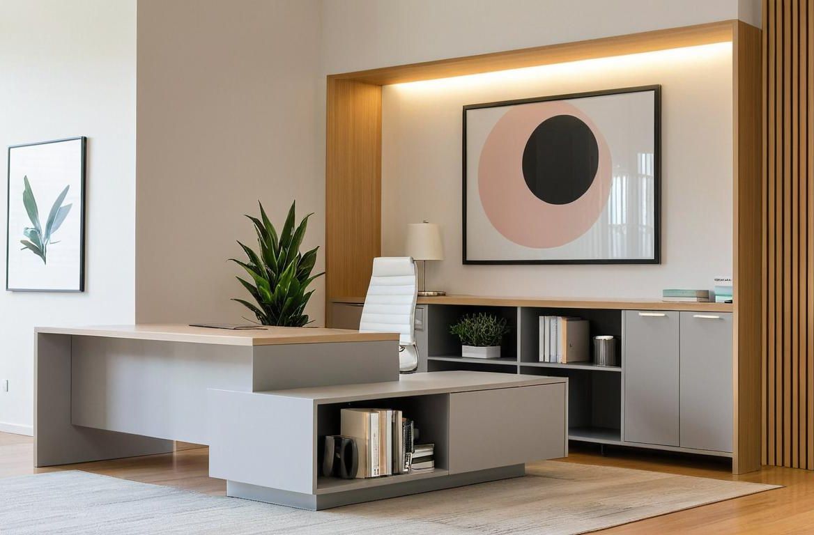 Szabadon álló és falhoz tolt vezetői íróasztal elhelyezése egy vezetői irodában