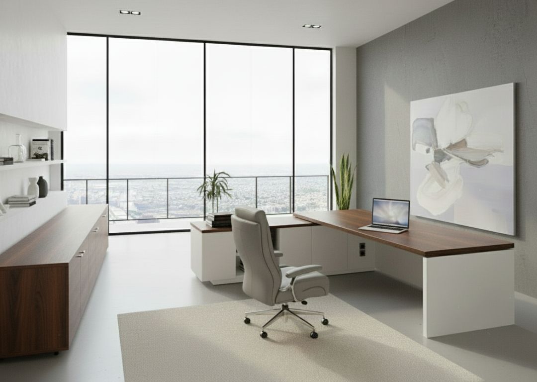 Rendezett kábelelvezetéssel kialakított vezetői íróasztal modern irodában