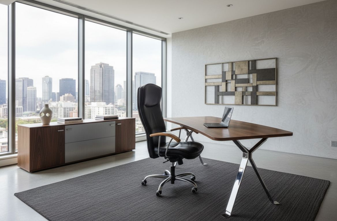 Vezetői iroda elrendezése az íróasztal köré, tárgyalási és munkazónákkal