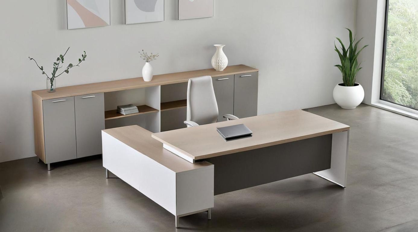 Vezetői iroda presztízse – arányos íróasztal egy modern vezetői térben