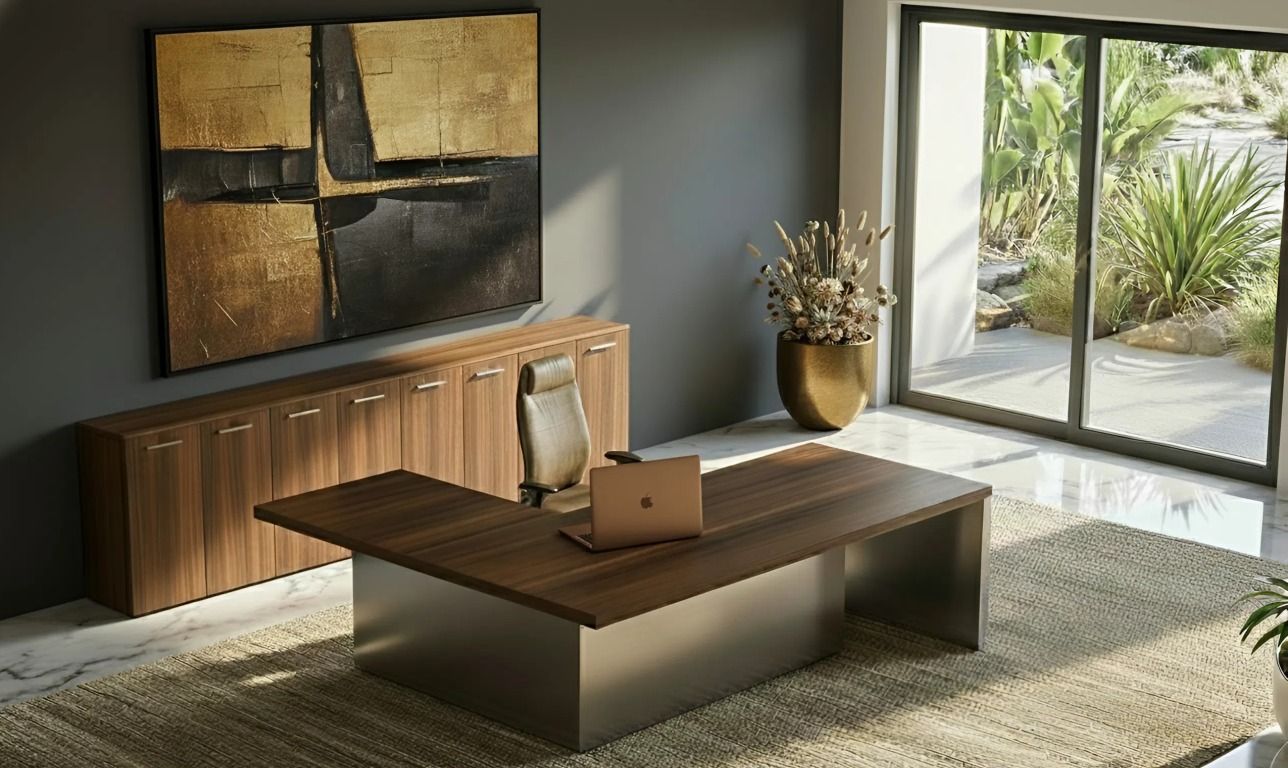 Zárt lábszerkezetű vezetői íróasztal modern vezetői irodában