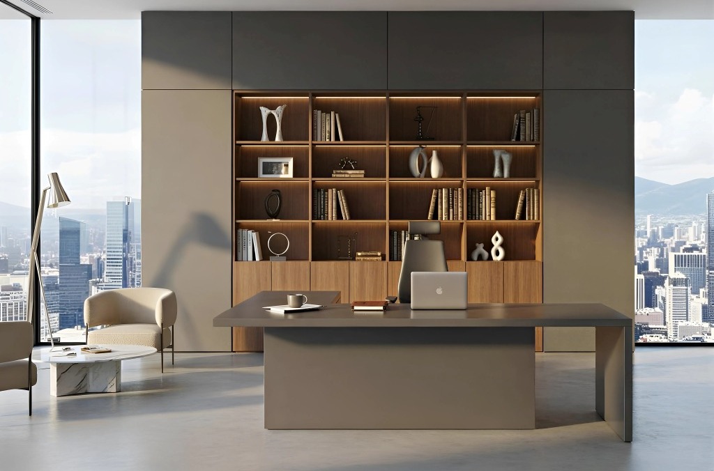 Vezetői irodai tárolás fal menti szekrényrendszerrel, amely támogatja a fókuszt és a döntéshozatalt