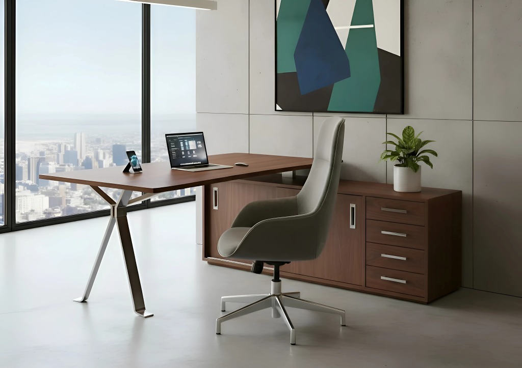 Modern vezetői íróasztal dió színben, design lábszerkezettel