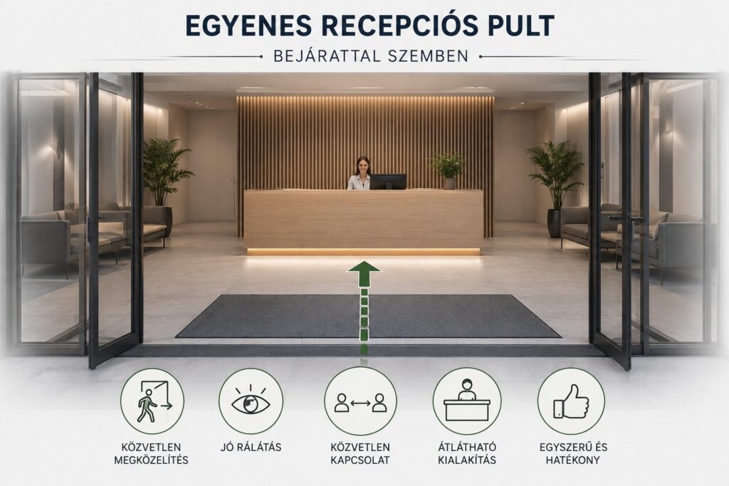 Milyen formájú legyen a recepciós pult? 2 Egyenes recepciós pult a bejárattal szemben, közvetlen rálátással és könnyű megközelíthetőséggel