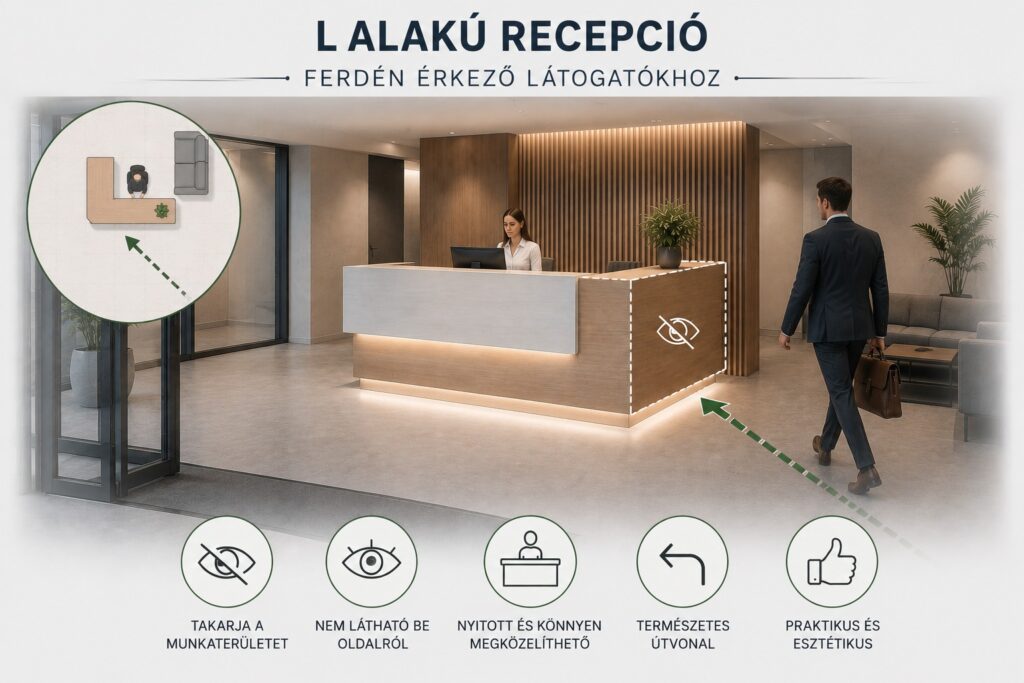 Milyen formájú legyen a recepciós pult? 3 L alakú recepciós pult ferdén érkező látogatókhoz, oldalt takart munkaterülettel