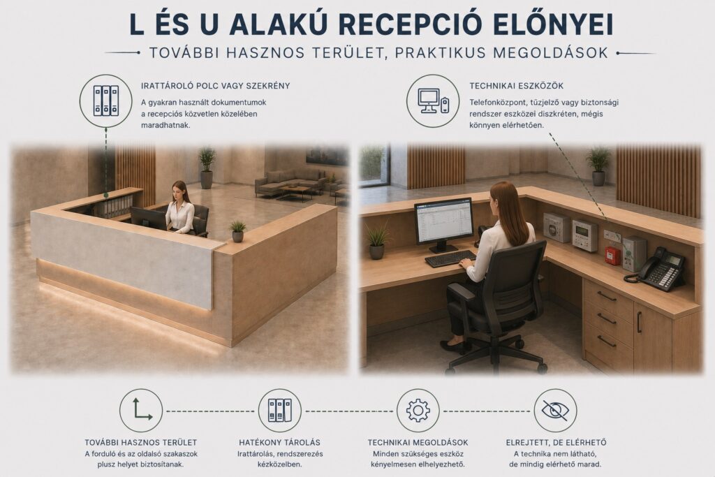 Milyen formájú legyen a recepciós pult? 5 L és U alakú recepciós pult előnyei, irattárolási és technikai eszközök elhelyezési lehetőségeivel