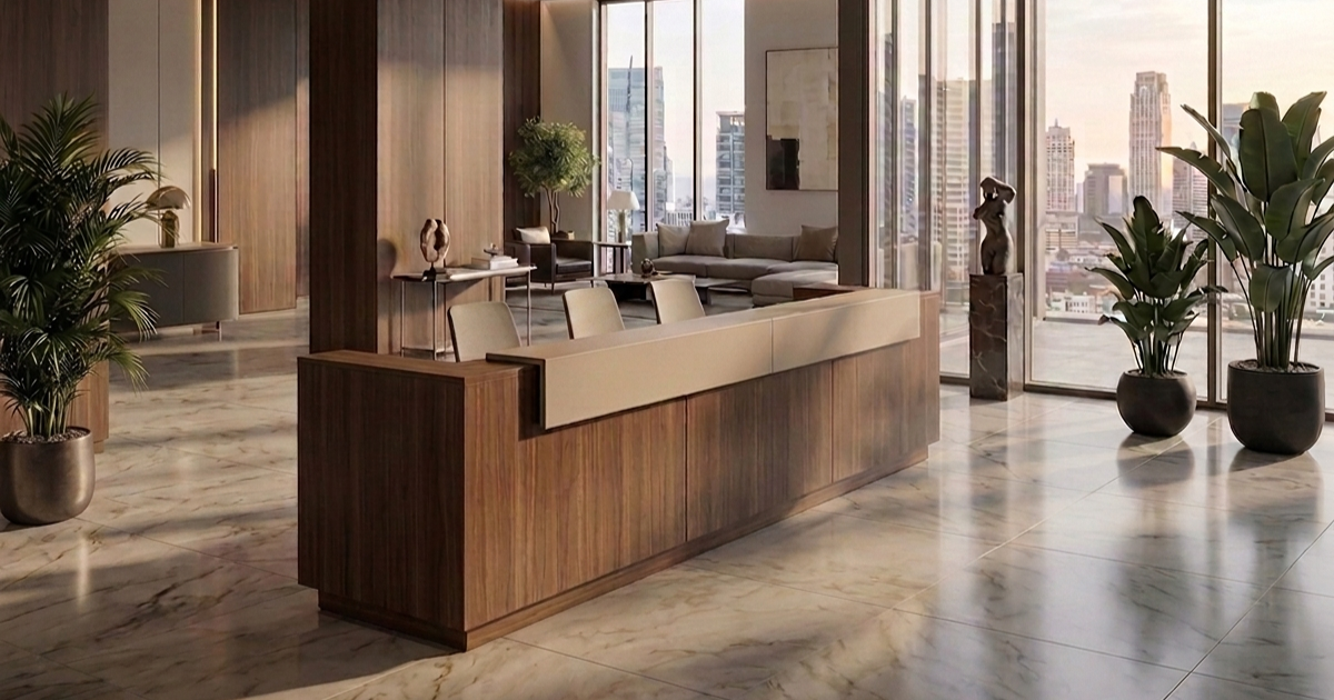 Modern recepciós pult dió színben, elegáns irodai fogadótérben