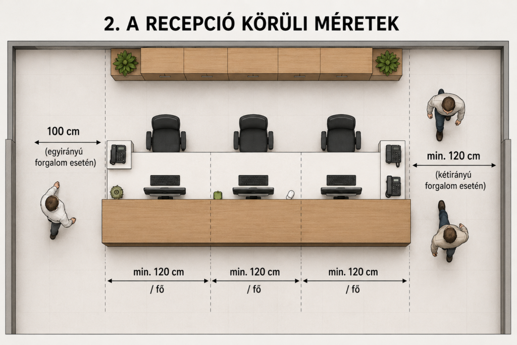 Recepciós pult tervezése: milyen méretekkel lesz valóban jól használható? 5 recepcio koruli kozlekedesi meretek.png