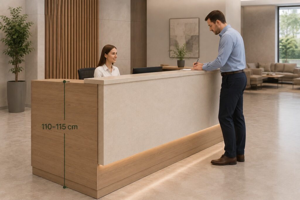 Milyen formájú legyen a recepciós pult? 6 Recepciós pult 110–115 cm-es ügyféloldali magassággal, recepcióssal és érkező vendéggel