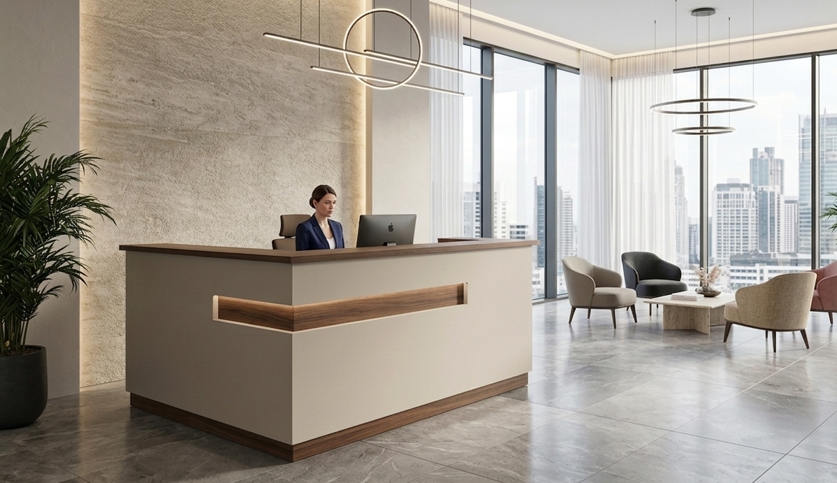 Recepciós pult tervezése modern irodában