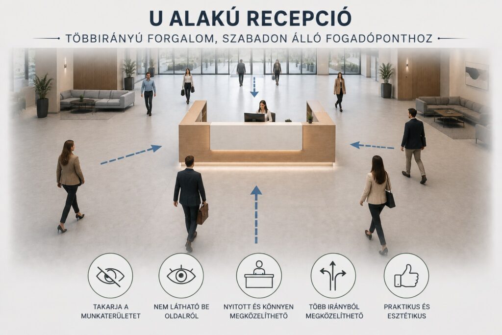 Milyen formájú legyen a recepciós pult? 4 U alakú recepciós pult többirányú forgalomhoz, amely jól takarja a munkaterületet és több irányból is könnyen megközelíthető