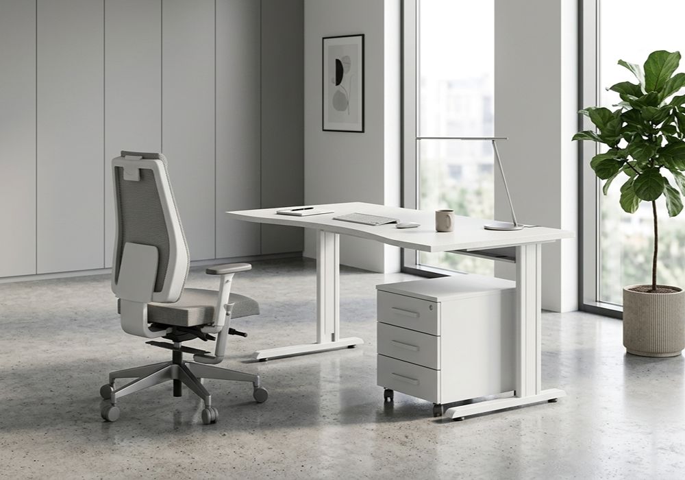 Fehér T-lábas egyenes íróasztal fehér görgős konténerrel modern iroda enteriőrben, ergonomikus munkaszékkel.