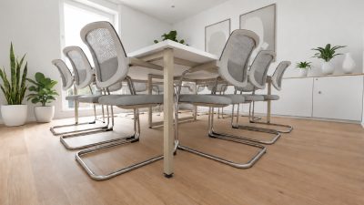 NEDAL hasáblábas tárgyalóasztal fehér asztallappal, bézs színű fémlábbal, 8 fő részére